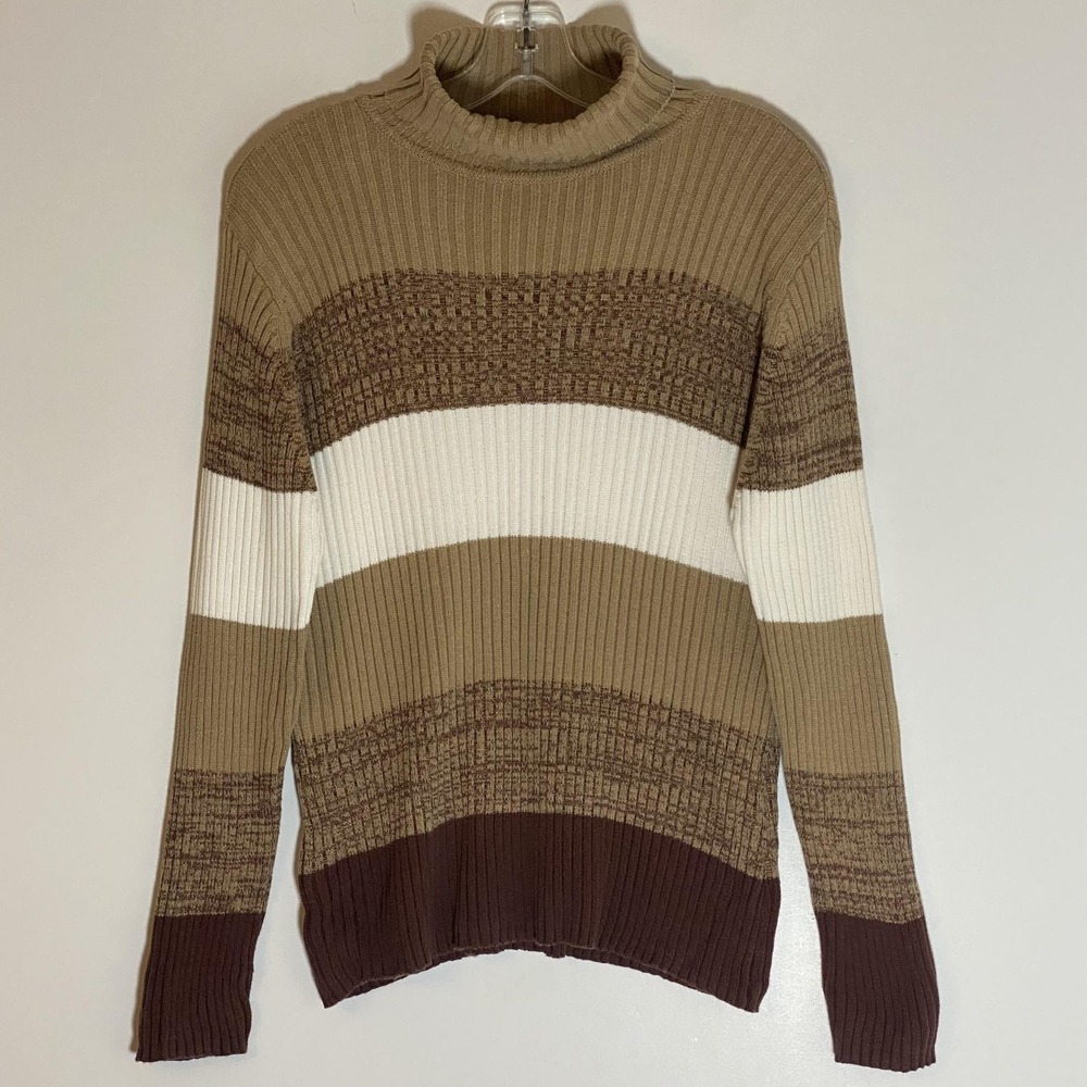 Basic Editions Sweater Womens XL Tan Brown White Stripe Turtleneck Pullover Knit